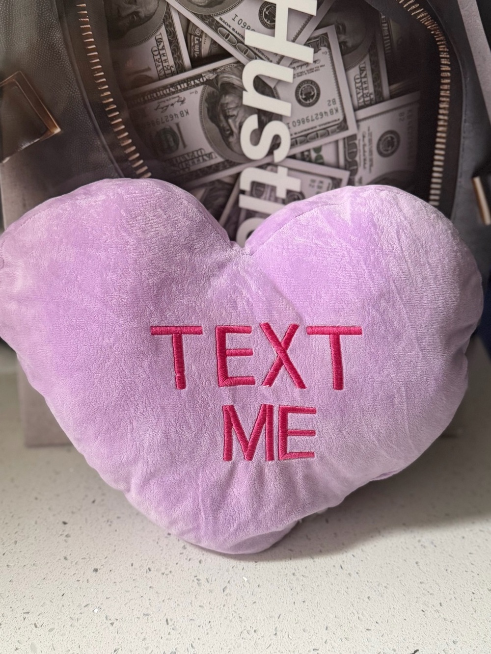 Plush Lavender Heart Accent Pillow with Bright Pink "TEXT ME" Embroidery